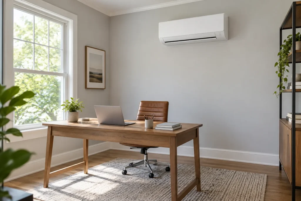 Illustration of a white ductless mini-split mounted above a desk in a home office