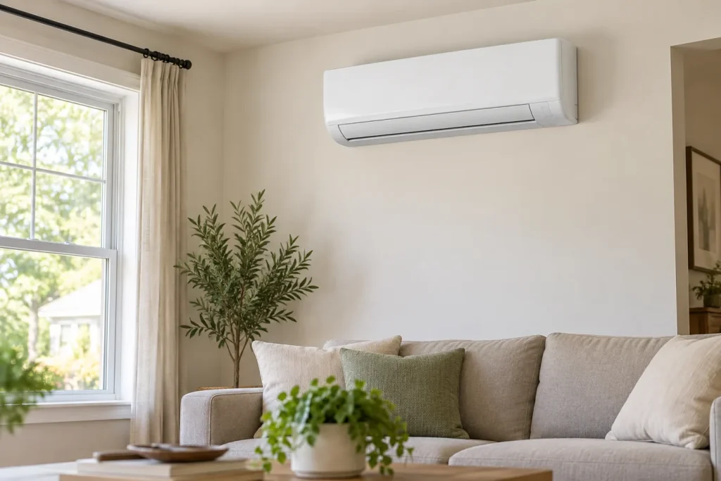 Illustration of a white wall-mounted ductless mini-split above a sofa in a living room