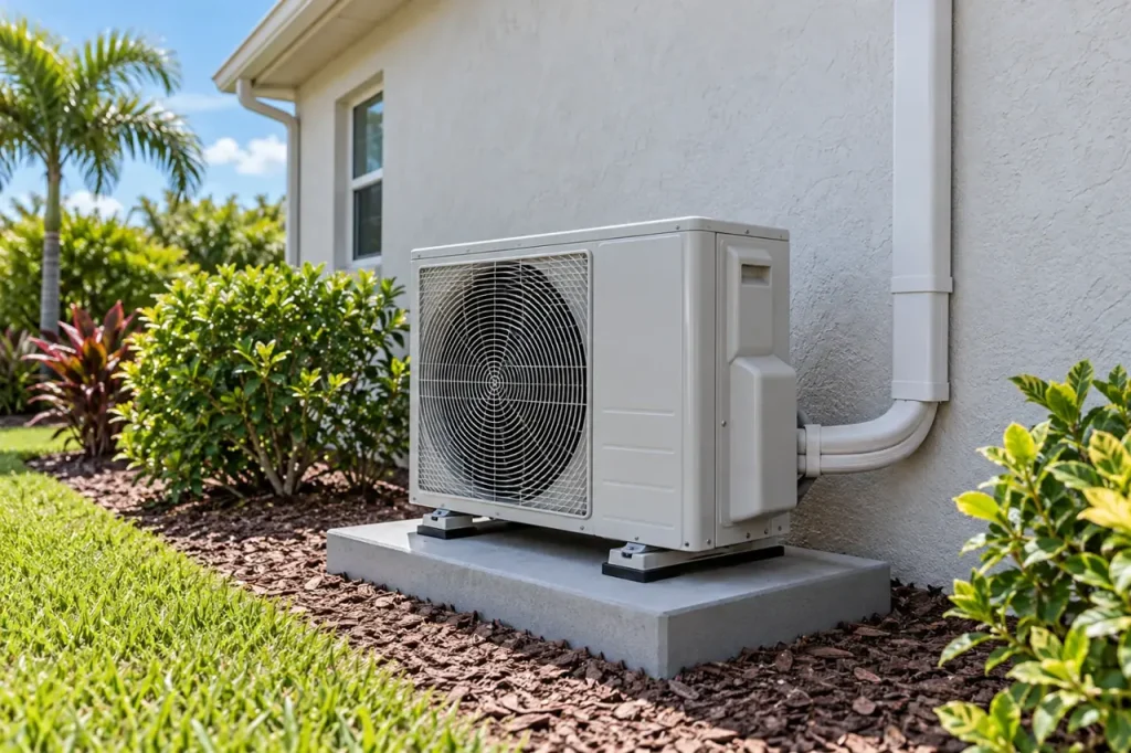 Illustration of an outdoor mini-split unit on a raised pad beside a stucco wall