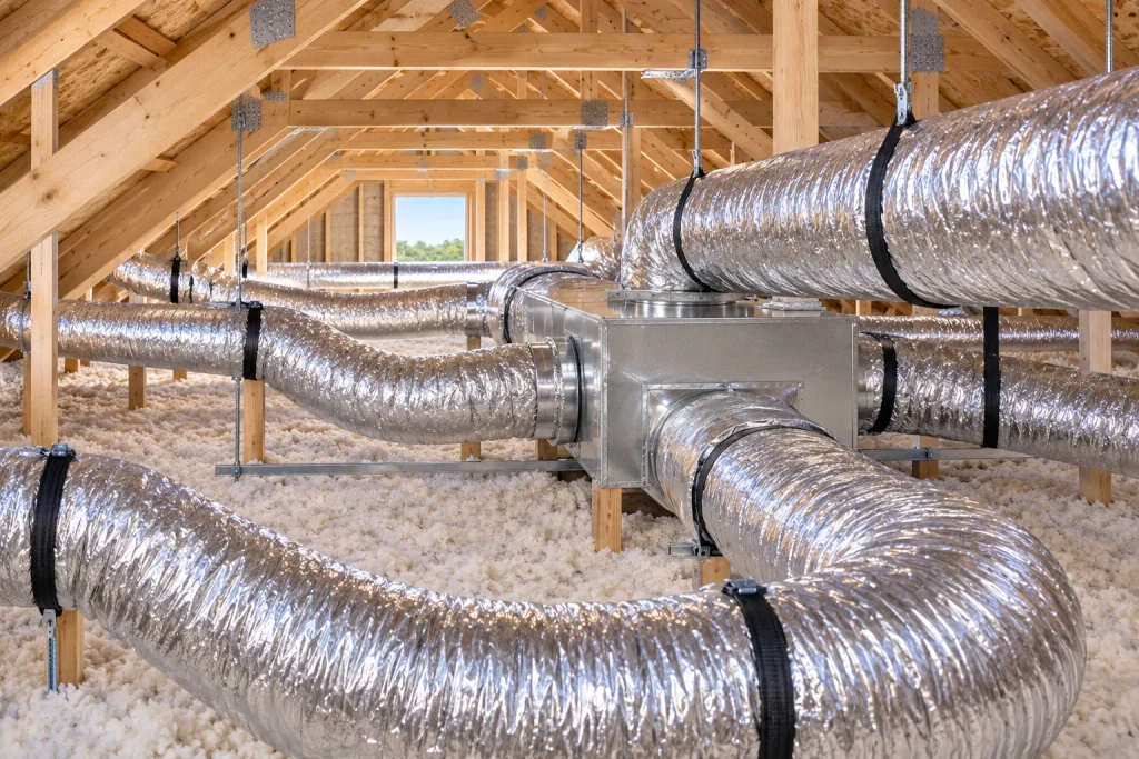 Illustration of insulated HVAC supply and return ductwork in a residential attic