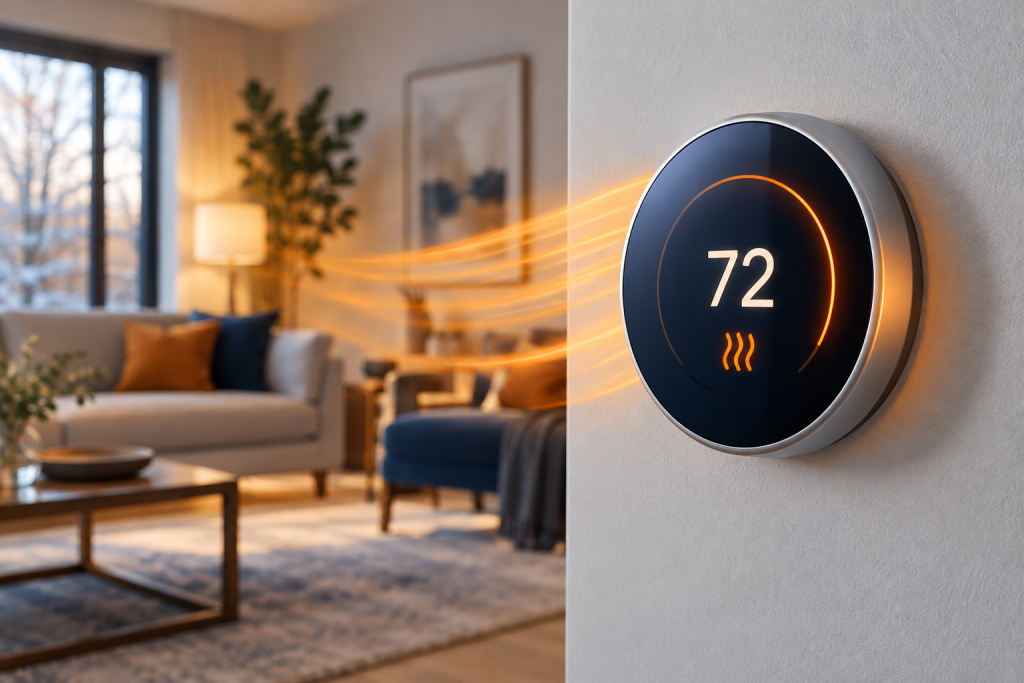 Illustration of a wall thermostat displaying 72 and a heat symbol.