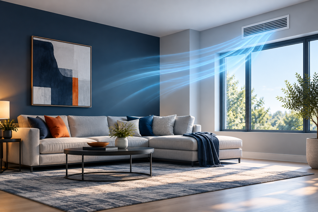 Illustration of a living room with blue airflow from a wall vent.