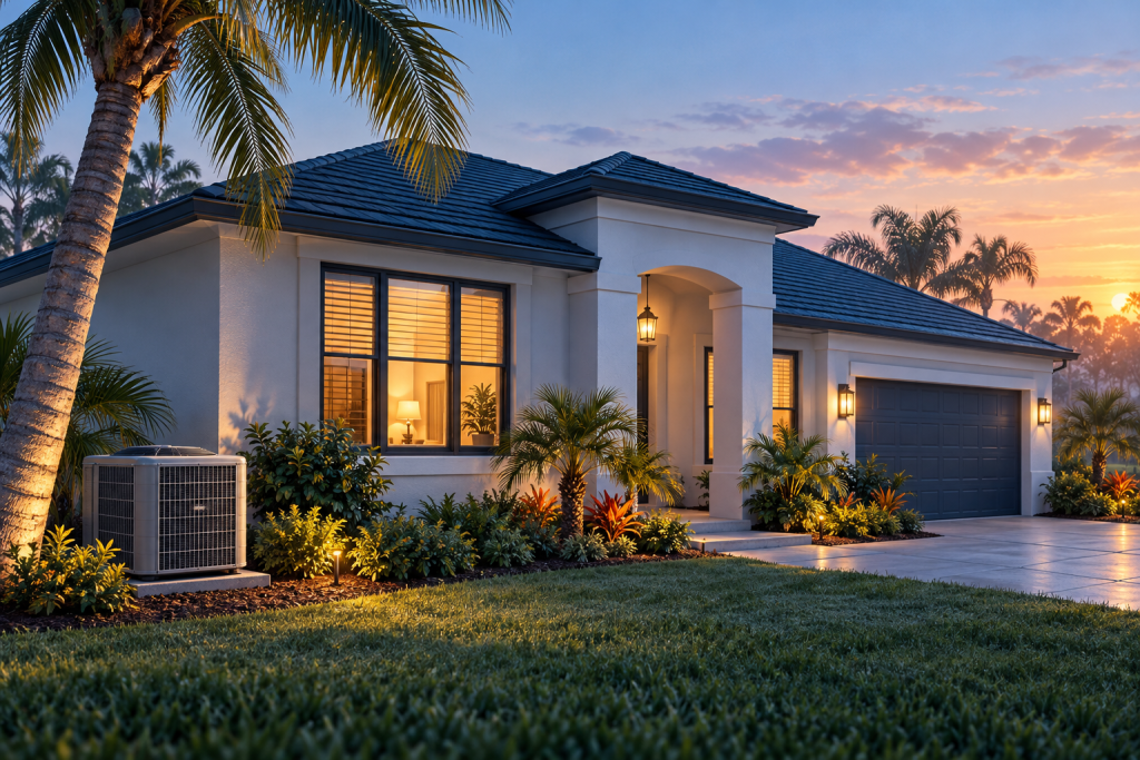 Illustration of a fictional single-story home with palms and glowing windows.