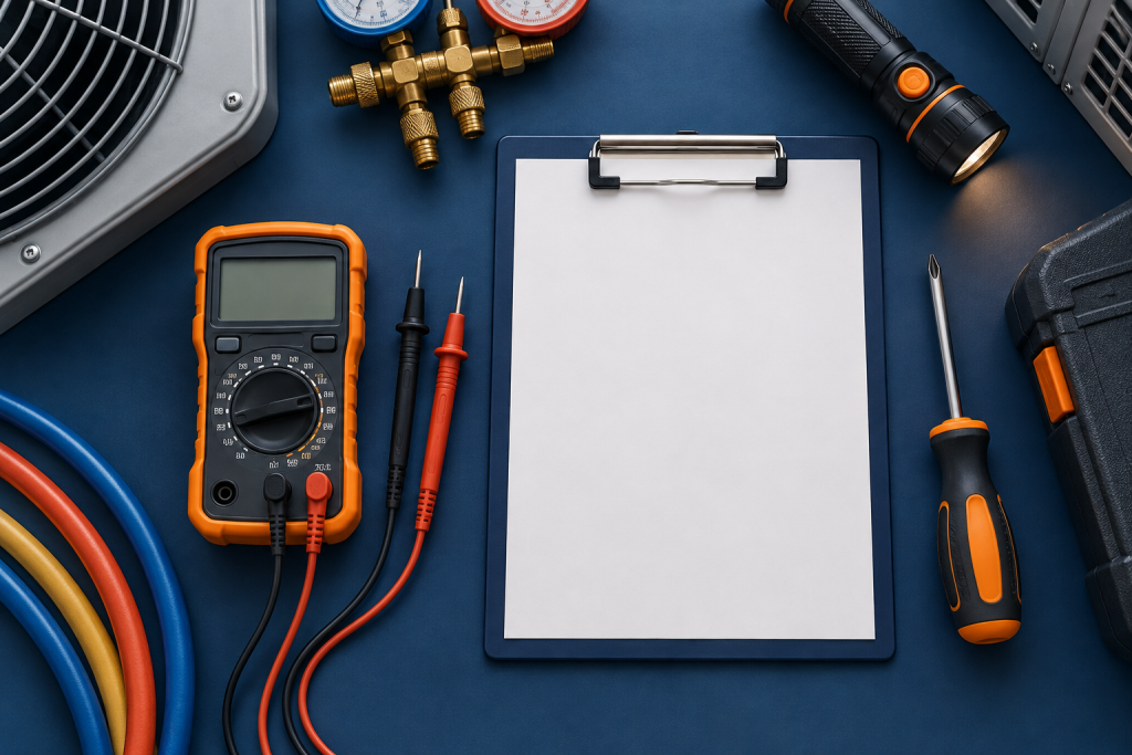 Illustration of a multimeter, flashlight, screwdriver and blank clipboard.