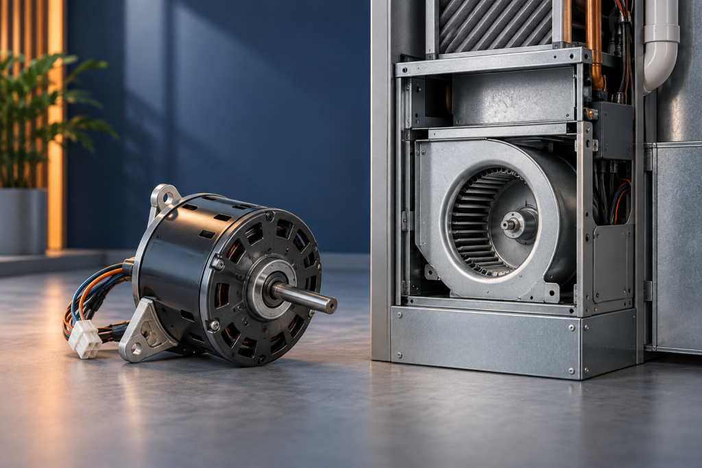 Illustration of a blower motor beside an open indoor air handler.