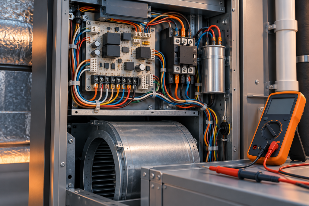 Illustration of an air handler control board, wiring and a multimeter.