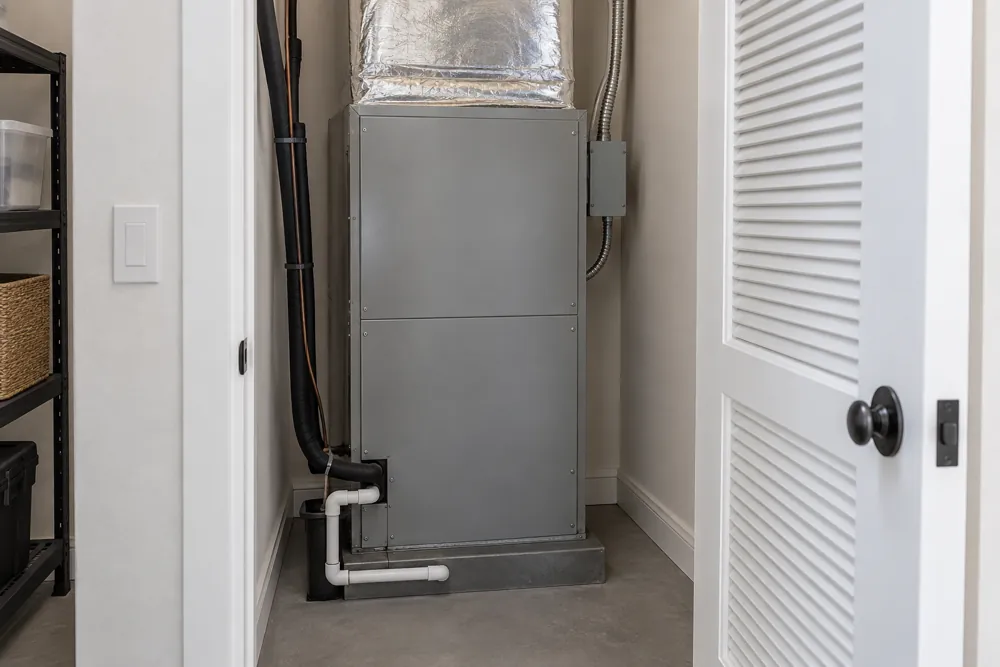 Illustration of a gray indoor air handler with a duct connection in a utility closet